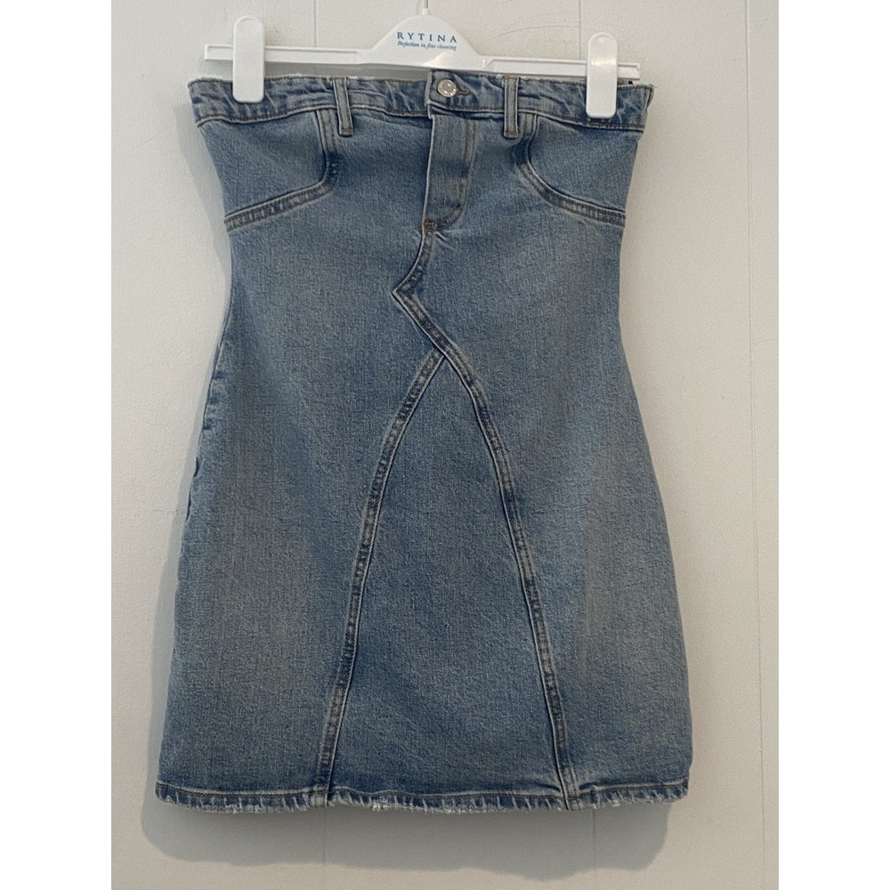 Zara TRF Strapless Denim Mini Dress Mid Blue Seamed Bodycon Sz Small